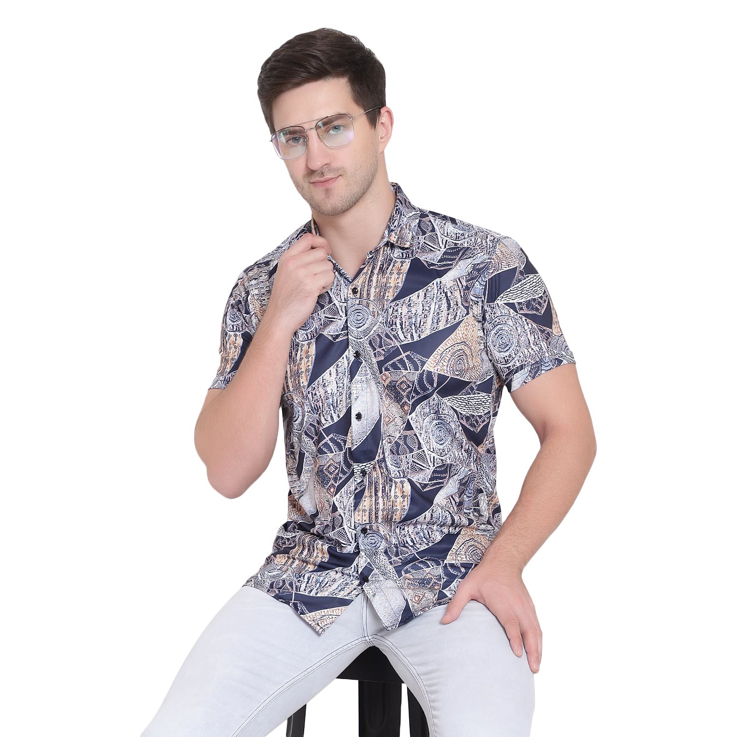 Men Regular Fit Printed Ribbed Collar Casual Shirt - Dynadrops