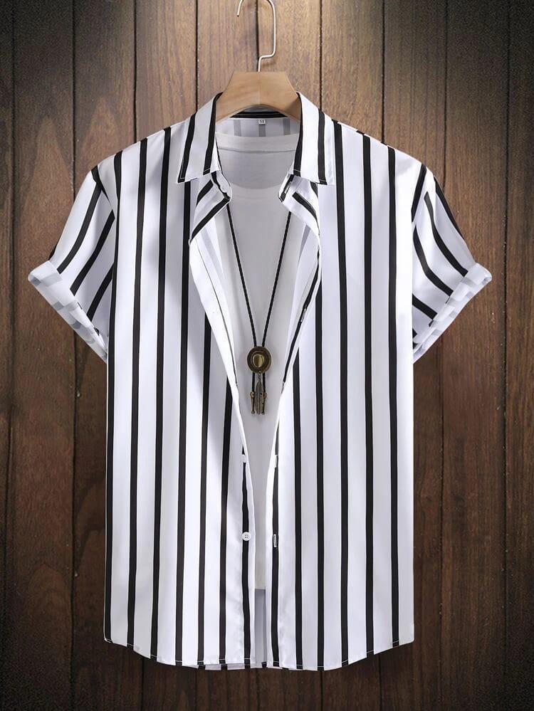 Men Regular Fit Striped Curved Collar Casual Shirt - Dynadrops