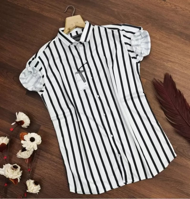 Men Regular Fit Striped Curved Collar Casual Shirt - Dynadrops
