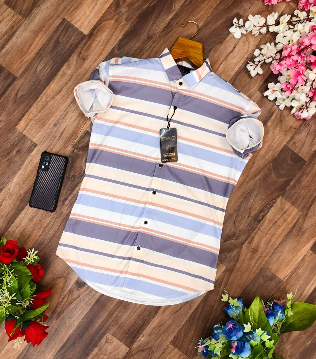 Men Regular Fit Striped Ribbed Collar Casual Shirt - Dynadrops.In