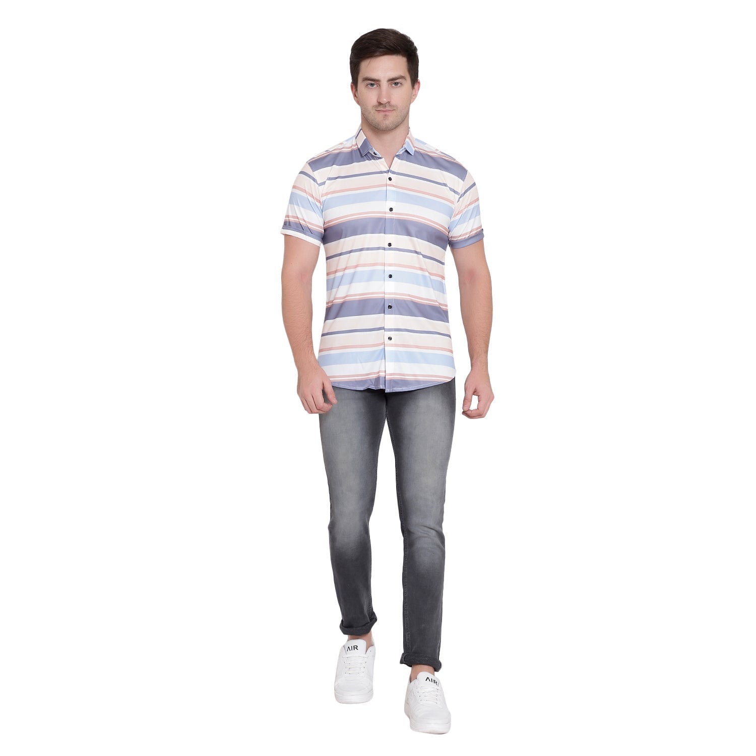 Men Regular Fit Striped Ribbed Collar Casual Shirt - Dynadrops.In