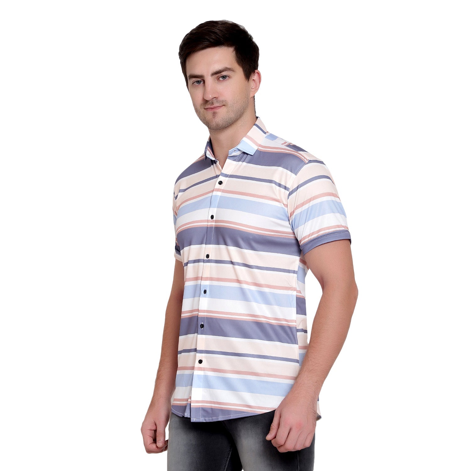 Men Regular Fit Striped Ribbed Collar Casual Shirt - Dynadrops.In